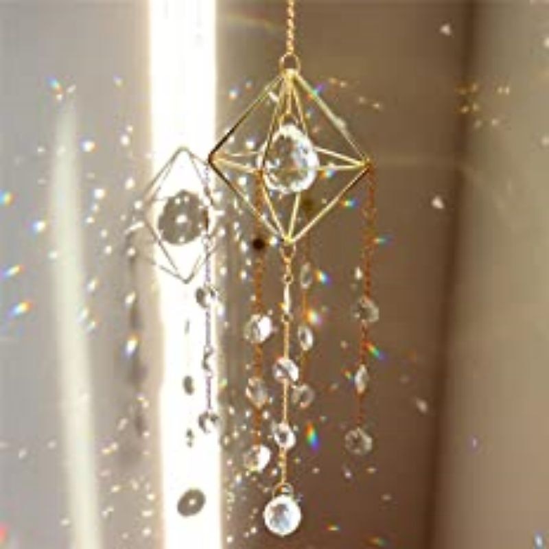 Suncatcher Gold with Crystals, Moon Celestial Themed, Light Reflection Crystals, Drop Gold Chain Design, Moon & Stars (Crystal Drop Style)