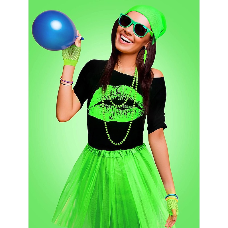 Women's 80s Costumes Outfit 1980s T-Shirts Accessories Set Tee Tutu Skirt Earrings Necklace Bracelets Fishnet Gloves Legwarmers Headband 8 Pcs2
