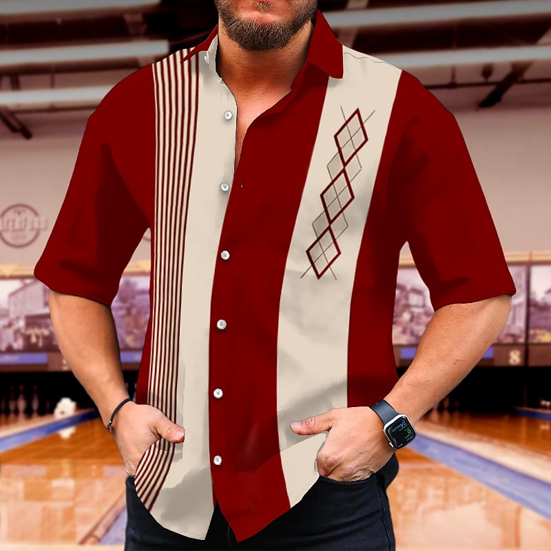 Men's Geometric Geometric Pattern Shirt Summer Shirt Bowling Shirt Short Sleeve Fashion 1950s Casual Vacation Daily Going out Summer Turndown Print Black Wine Red Blue4