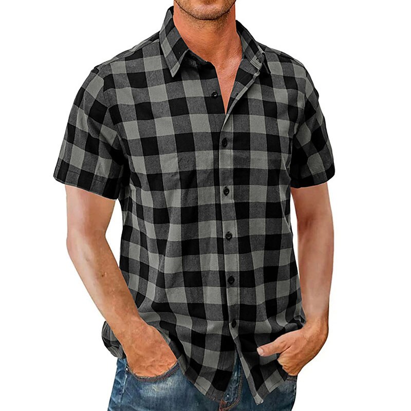 Men's Shirt Summer Shirt Casual Shirt Button Up Shirt Checked Shirts Black Pink Red Blue Dark Green Short Sleeve Plaid Lapel Vacation Street Print Clothing Apparel Fashion Leisure Hawaiian