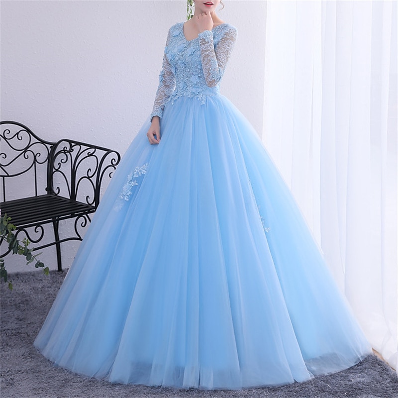 Ball Gown Quinceanera Dresses Princess Dress Performance Quinceanera Floor Length Long Sleeve V Neck  with Crystals Appliques  dress to impress3