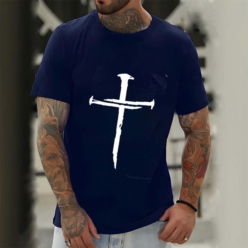 Men's Black Short Sleeve Graphic T-Shirt - Distressed Nail Cross Faith Tee