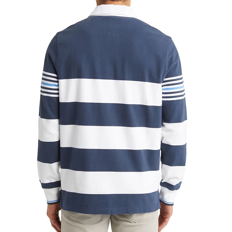 Men's Stripe Rugby Polo Shirts Long Sleeve Polo Shirts Lapel Fashion 3D Print Comfortable Street Casual Holiday Buttons Summer Navy Blue2