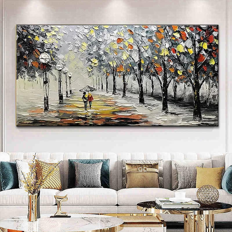 Landscape Oil Painting Wall Art On Canvas Two People With Umbrellas Strolling Along The Forest Path Home Decoration Decor Rolled Canvas No Frame Unstretched