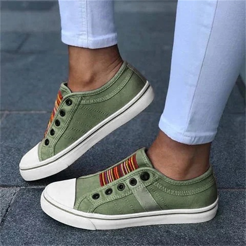 Women's Casual Slip-On Canvas Sneakers – Lightweight and Breathable Low-Top Shoes with Multicolor Striped Accent2