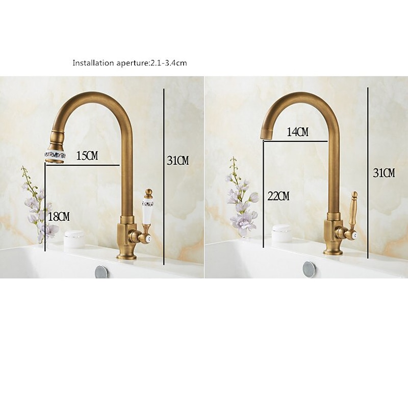 Kitchen Sink Faucet Retro Brass, 360 ° Swivel Single Handle Cold Taps One Hole Lever Ceramic Valve Tap Antique Vintage Bronze3