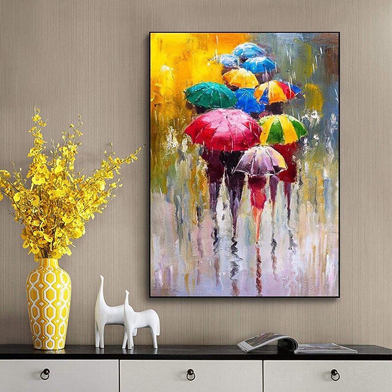 40*60cm/60*90cm Handmade Oil Painting Canvas Wall Art Decoration the Crowd with Colorful Umbrellas for Home Decor Stretched Frame Hanging Painting4