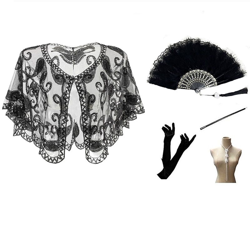 Women's 5 Pcs Accessories Set 1920s The Great Gatsby Sequin Shawls Cloak Feather Fans Gloves Pearl Accessories Cigarette Stick3
