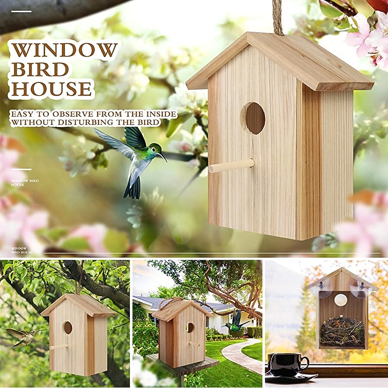 Bird House with Strong Suction Cups and lanyards for Outdoor use - See-Through Environmentally Friendly Wooden Bird nestBird Nest Transparent Design for Easy Observation