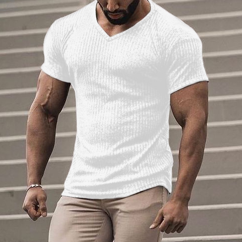 Men's T Shirt Muscle Shirt Ribbed Knit tee Tee Top Short Sleeves V Neck Summer Plain Designer Basic Modern Contemporary Vacation Street Going out Black White Coffee Top Tee for Men3