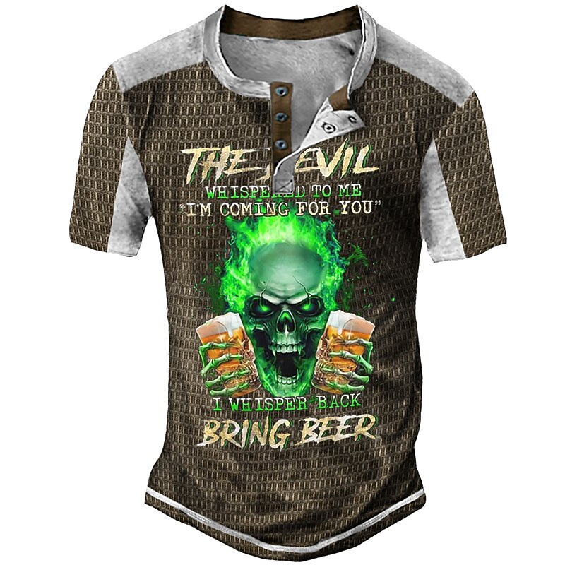 Men's Halloween Graphic Beer Skulls Henley Shirt Tee Short Sleeve 3D Print Fashion Designer Comfortable Outdoor Casual Daily Summer Black Navy Blue Purple Brown Green Henley Henley T-Shirt3
