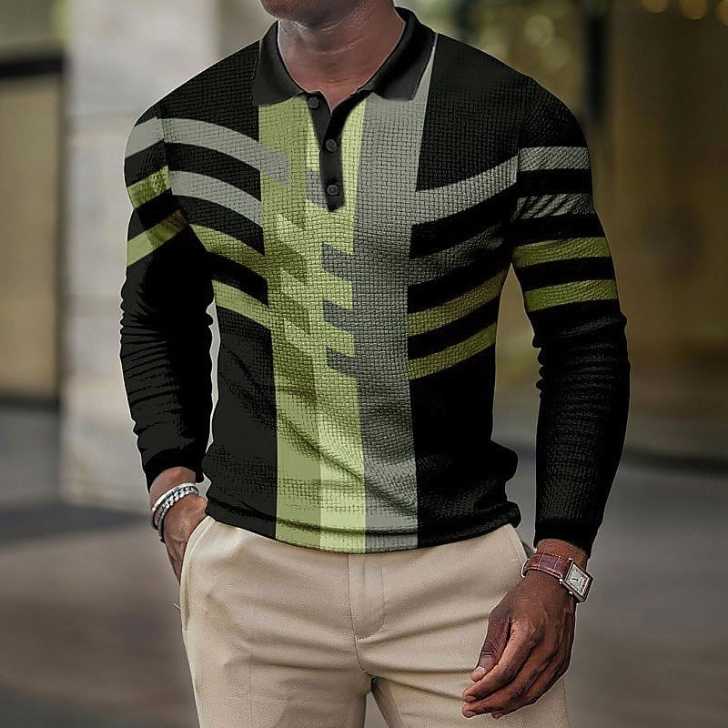 Men's Plaid Waffle Polo Shirts Golf Shirt Long Sleeve Polo Shirts Collared Shirts Vintage Casual Vacation Wear Formal Wear Festival Wear 3D Print Buttons Black Red Blue3
