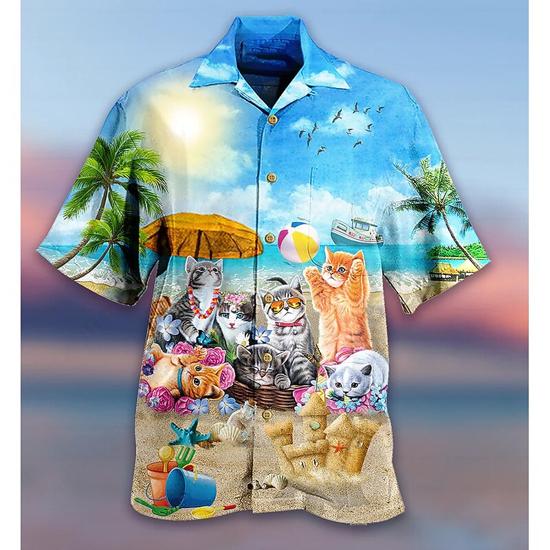 Men's Animal Cat Tropical Shirt Summer Hawaiian Shirt Aloha Shirt Short Sleeve Shirt Turndown Tropical Fashion Hawaiian Casual Hawaiian Holiday White Blue Light Purple S M L