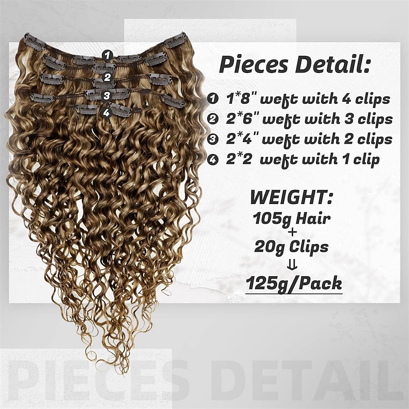 Natural Curly Clip in Hair Extensions Remy Human Hair 22 Inch Long Clip in Curly Hair Extensions Human Hair Blonde Highlighted Brown Curly Clip in Real Human Hair Extensions 7Pcs 105g2