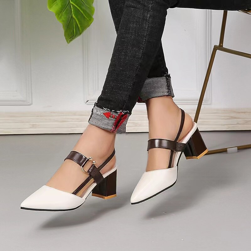 Women's Brown and Black Two-Tone Block Heel Slingback Pumps – Pointed Toe with Adjustable Strap, Ideal for Office Wear and Casual Outings4