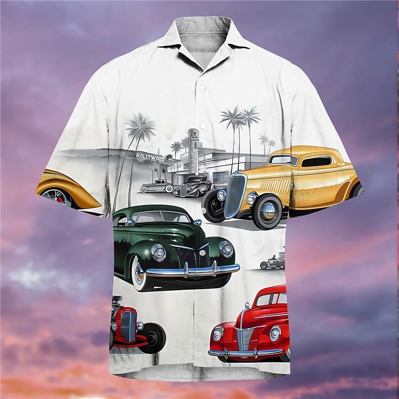 Men's Car Shirt Summer Hawaiian Shirt Aloha Shirt Short Sleeves Shirt Turndown Tropical Fashion Streetwear Street Casual Daily Yellow Pink Red S M L