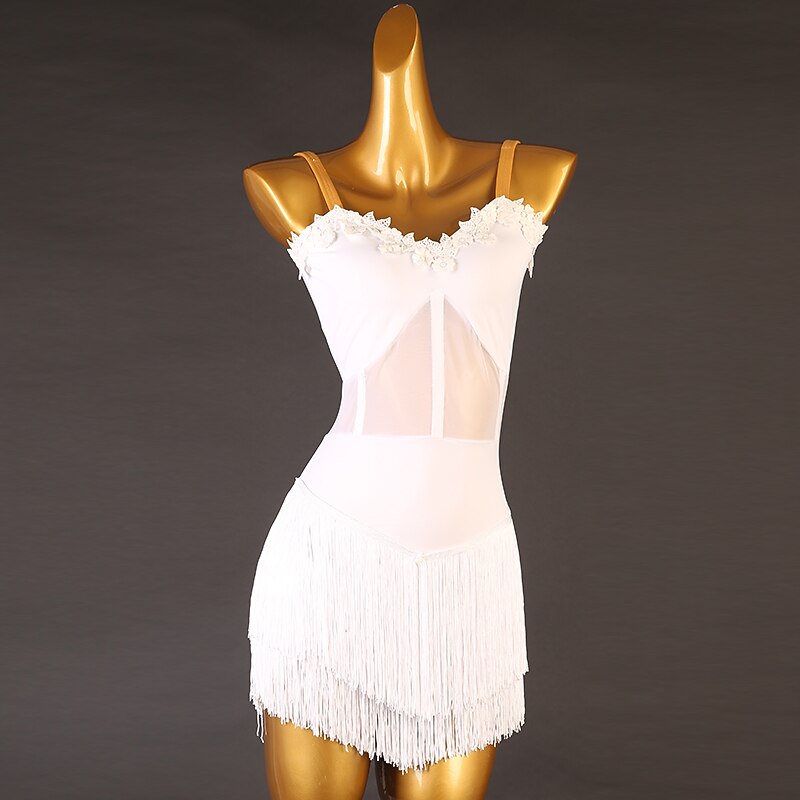 Latin Dance Latin Salsa Dance Dress Tassel Women's Girls' Performance Training Sleeveless High Spandex Tulle2