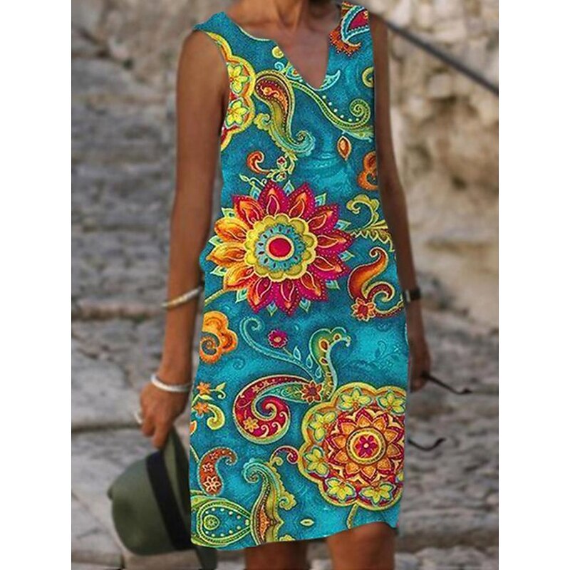 Women's Midi Dress Tank Dress Summer Dress Print Dress Fashion Streetwear Basic Outdoor Vacation Street Loose Fit Floral Leaf Short Sleeve V Neck Yellow Blue Green Light Blue Summer Spring2