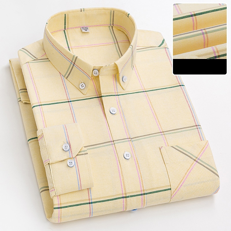 Men's Dress Shirt Button Down Shirt Oxford Shirt Plaid Wedding Office / Career Light Pink Light Blue White Yellow Long Sleeve Button Down Collar Spring &  Fall Clothing Apparel Front Pocket4