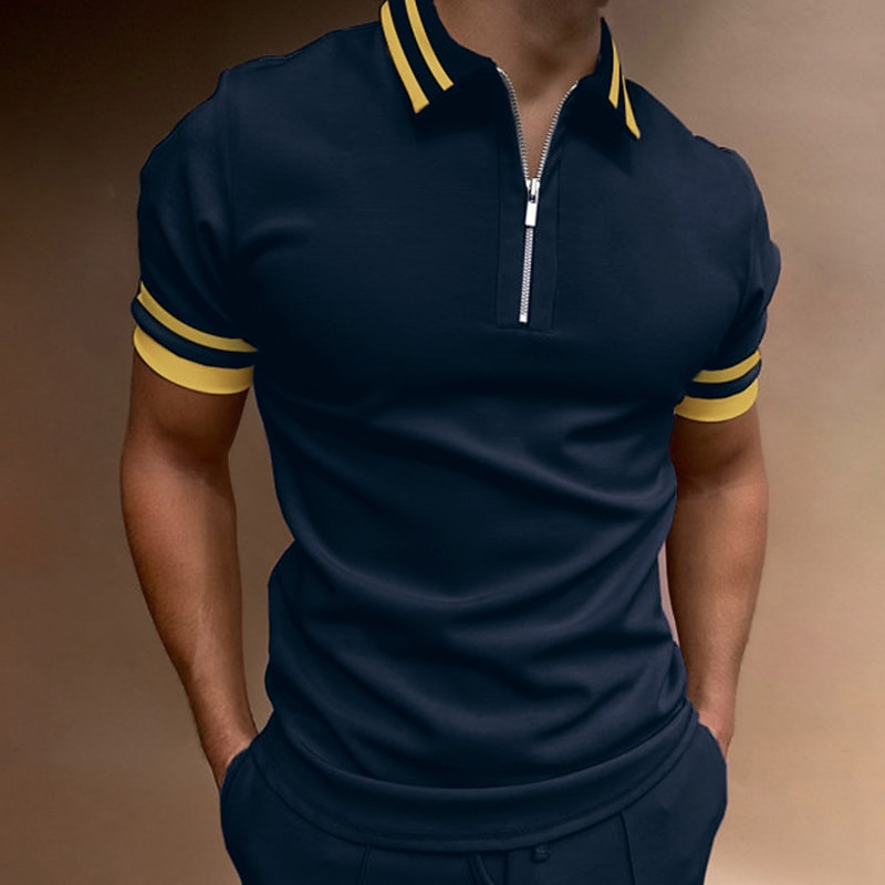 Men's Polo Shirt Quarter Zip Polo Going out golf shirts Turndown Quarter Zip Short Sleeve Sports Designer Vintage Patchwork Zipper Spring & Summer Slim Black Navy Blue Dark Green Polo Shirt2