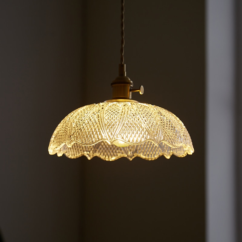 LED Pendant Light Mini Glass Copper Pendant Ceiling Hanging Light with Glass Scalloped Shade Clear Glass Pendant Lighting for Bedroom Living Dining Room Kitchen