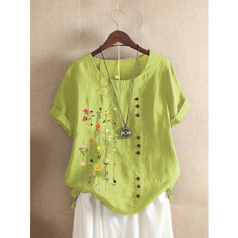 Women's 100% Cotton Shirt Blouse Floral Daily Vintage Casual Linen Like Short Sleeve Crew Neck White Summer Spring3