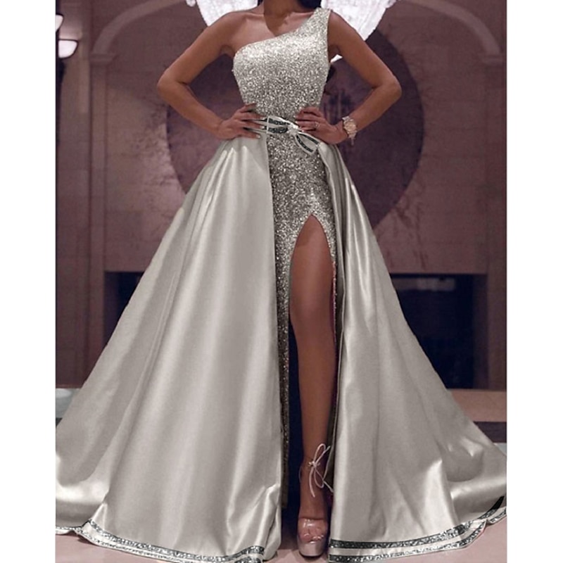 Ball Gown Prom Dresses Sparkle & Shine Dress Wedding Guest Evening Party Floor Length Sleeveless One Shoulder Detachable Satin with Bow(s) Sequin Slit 5