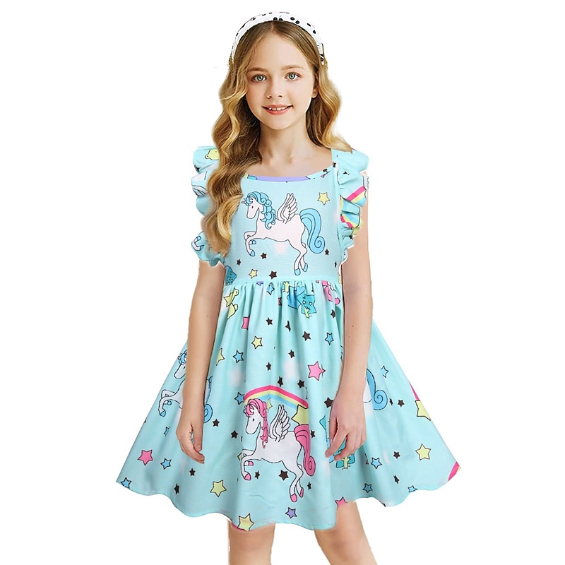 Kids Girls' Dress Rainbow Unicorn Star Short Sleeve Casual Casual Sweet Cotton Above Knee Casual Dress A Line Dress Summer Spring 3-8 Years Light Blue Light Green Pink3