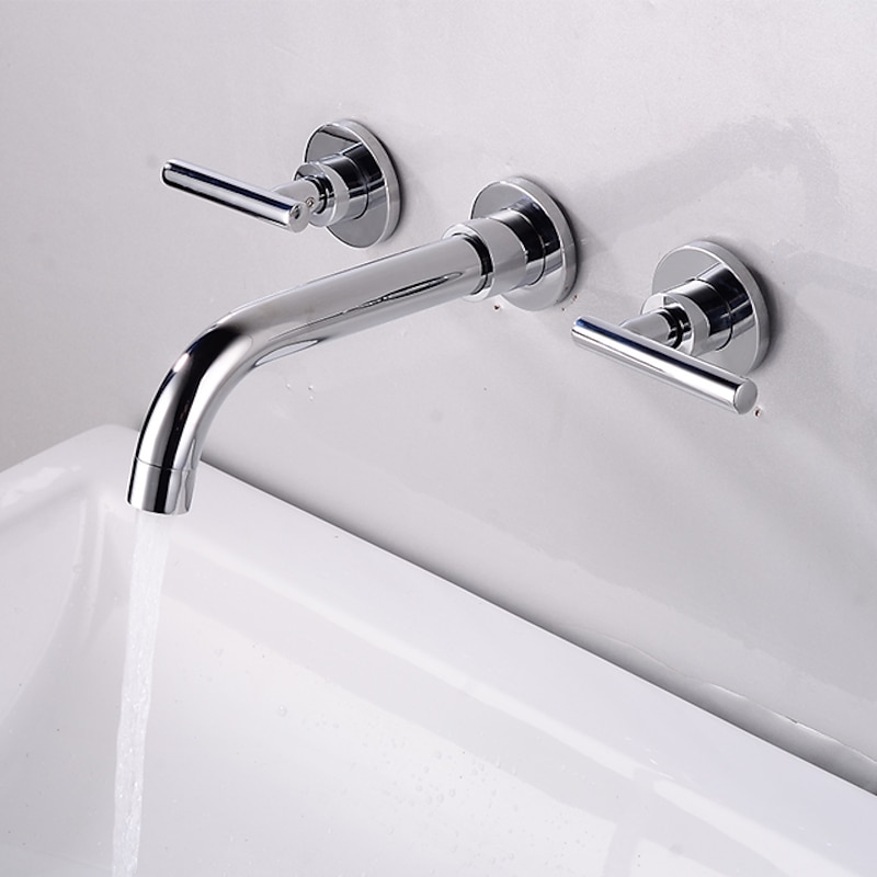 Bathroom Sink Mixer Faucet Wall Mounted, 2 Handle 3 Hole Wash Baxin Brass Taps, Rough in Valve Washroom Basin Tap2