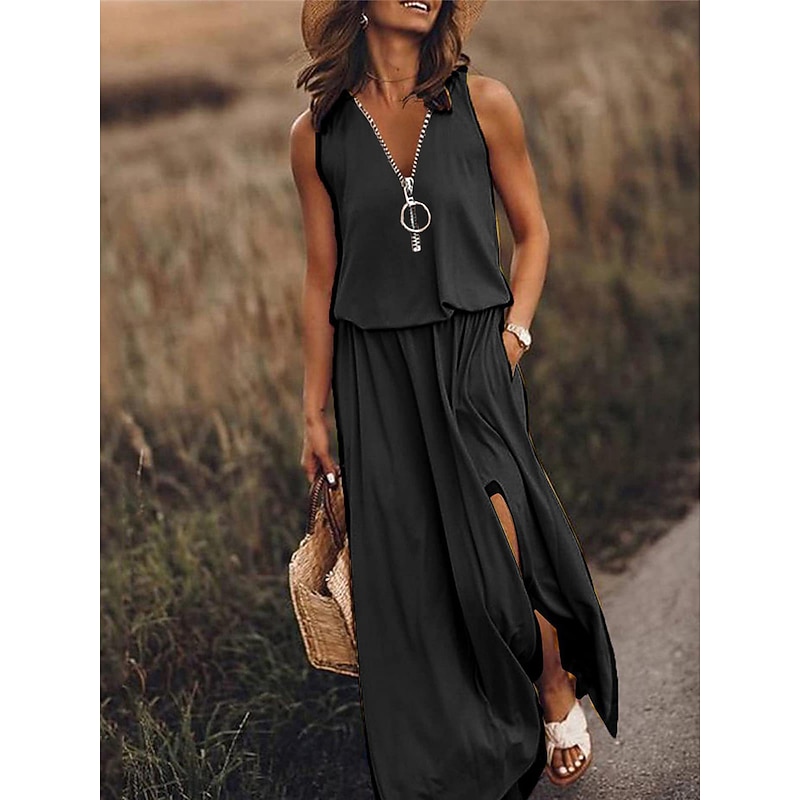 Women's Casual Dress Pure Color Zipper Pocket V Neck Maxi long Dress Basic Casual Daily Sleeveless Summer Spring2