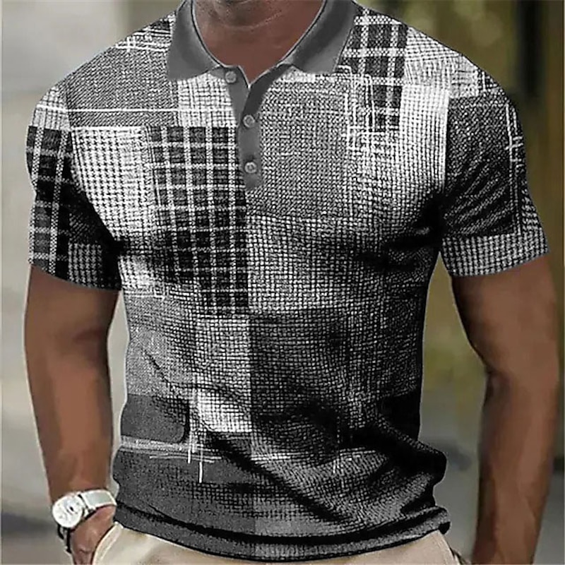 Men's Plaid Waffle Polo Shirts Golf Shirt Short Sleeve Polo Shirts Collared Shirts Vintage Casual Vacation Wear Formal Wear Festival Wear Buttons 3D Print Blue Green Khaki4