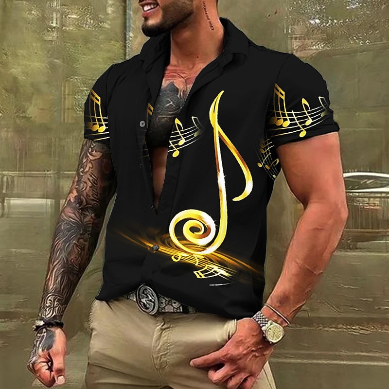 Men's Boardmasters Music Notes Shirt Button Up Shirt Short Sleeve Fashion Streetwear Designer Casual Daily Weekend Summer Spring Turndown Print Button-Down Blue Gold Green Gray