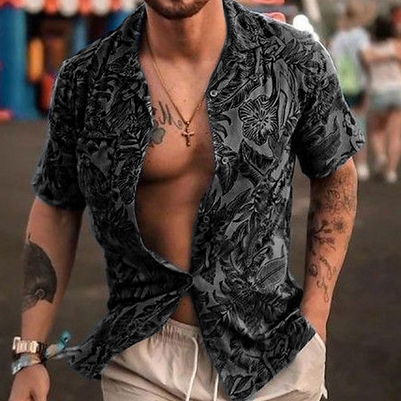 Men's Floral Tropical Plants Shirt Summer Shirt Casual Shirt Short Sleeve Shirt Camp Collar Fashion Casual Comfortable Vacation Street Daily Blue Green Dark Grey S M L3