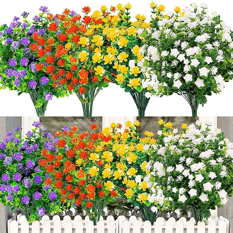 2 Pack / 8 Pack Artificial Flowers Outdoor UV Resistant Fake Plastic Flowers Rose No Fade Faux Plastic Plants for Indoor Outdoor Wedding Christmas Home Garden Decoration