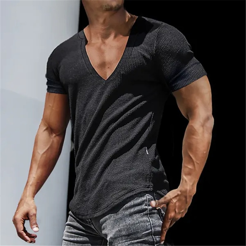 Men's T Shirt Rib Knit Top Muscle Shirt Ribbed Knit tee Short Sleeves V Neck Summer Plain Designer Basic Modern Contemporary Vacation Street Going out Black White Grey Top Tee for Men