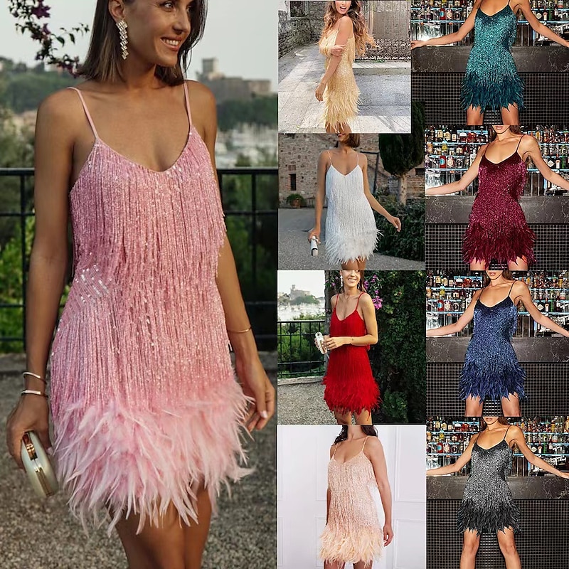 A-Line Party Feather Dresses Beach Wedding Sparkle & Shine Dress Prom Wedding Party Short / Mini Sleeveless Spaghetti Strap Sequined with Feather Fringe Sequin  dress to impress2
