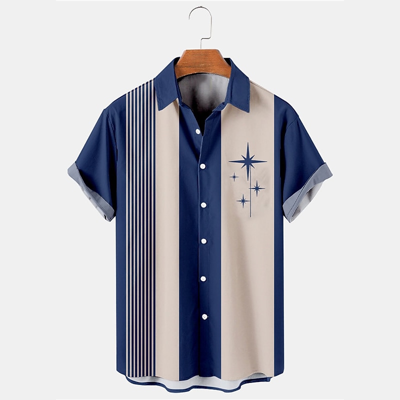 Men's Stripes Geometric Pattern Shirt Summer Shirt Casual Shirt Short Sleeve Fashion 1950s Casual Daily Summer Turndown Pocket Print Blue