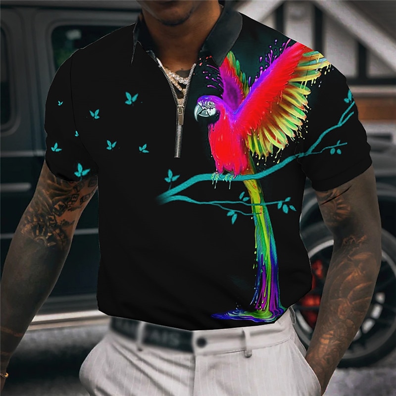Men's Parrot Hawaiian Polo Shirts Golf Shirt Short Sleeve Polo Shirts Collared Shirts Casual Funny Beach Wear Vacation Wear Party Outfits 3D Print Quarter Zip Polo Yellow Red Blue2