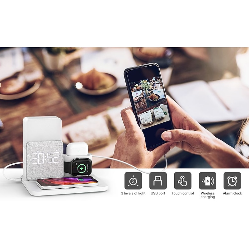 Charging Station 15 W Output Power Wireless Charging Station MSDS UN38.3 RoHs Fast Wireless Charging 5 in 1 Digital Clock For Apple Watch Cellphone AirPods 2 / AirPods Pro2