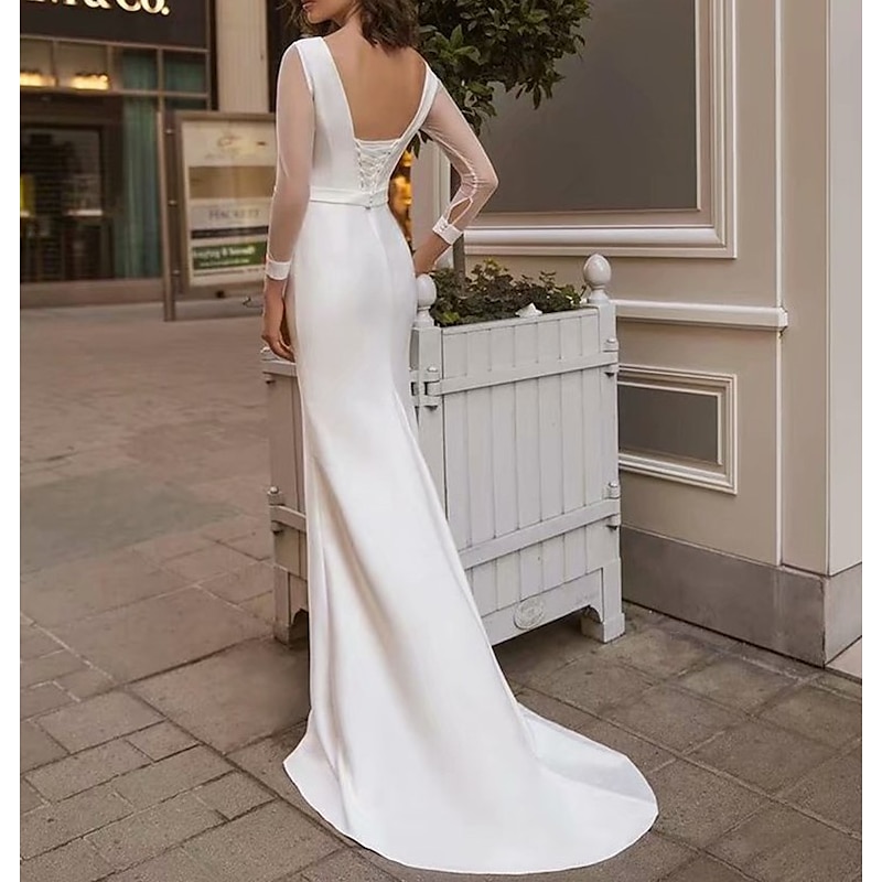Reception Royal Style Simple Wedding Dresses Mermaid Scoop Neck Long Sleeve Sweep / Brush Train Satin Bridal Gowns With Solid Color Summer Wedding Party  dress to impress Fall Wedding3
