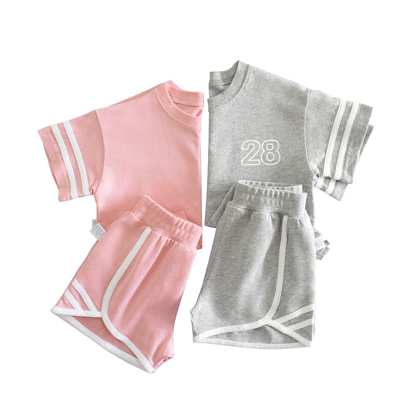 2 Pieces Kids Girls' Letter Shorts Suit Set Short Sleeve Active Casual Cotton 7-13 Years Summer Pink Gray2