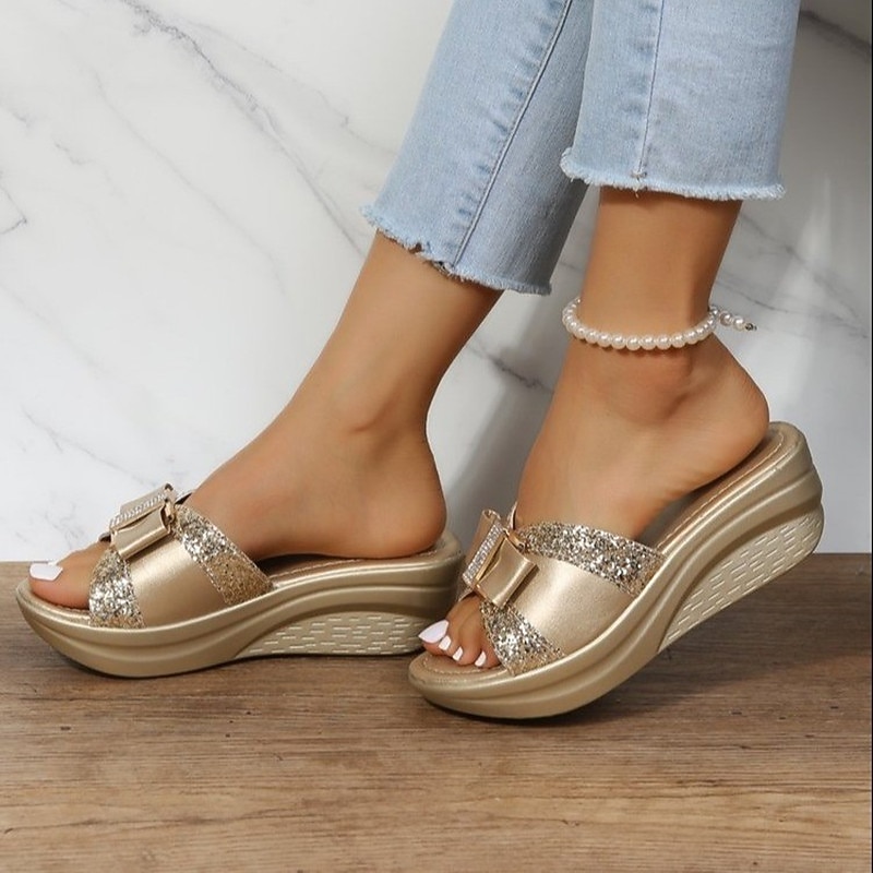 Women's Slippers Platform Sandals Plus Size Beach Slippers Daily Beach Solid Color Summer Flat Heel Peep Toe Classic Casual Faux Leather PU Loafer Silver Gold3