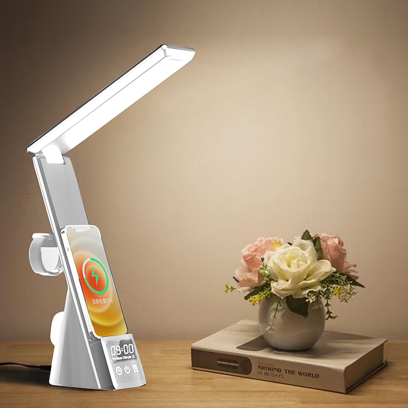 LED Desk Lamp with Wireless Charger 3 in 1 Fast Charging Station Touch Control Desk Lamp with Clock Alarm 3 Lighting Modes & Stepless Brightness Home Office Eye-Caring Table Lamps2