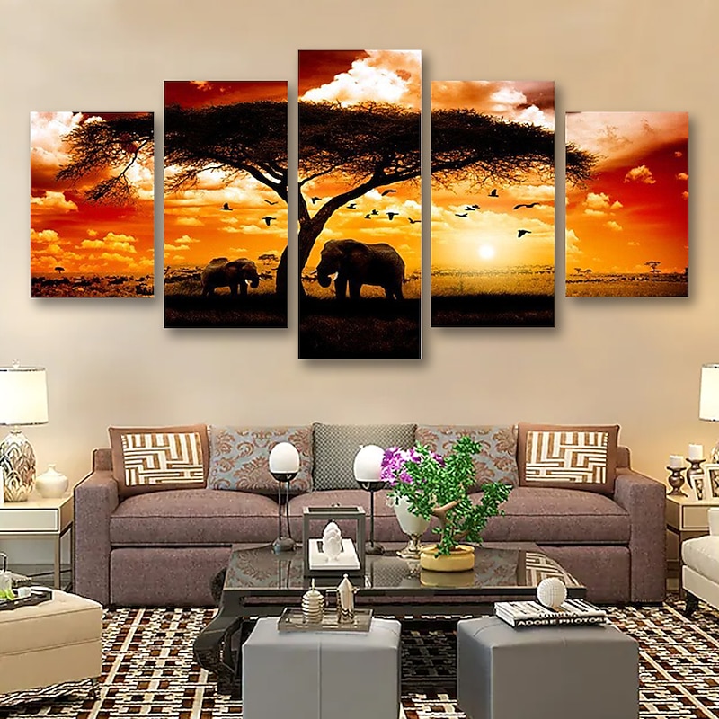 5 Panels Wall Art Canvas Prints Posters Painting Artwork Picture Elephant Animal Tree Sunset Home Decoration Décor Rolled Canvas With Stretched Frame3