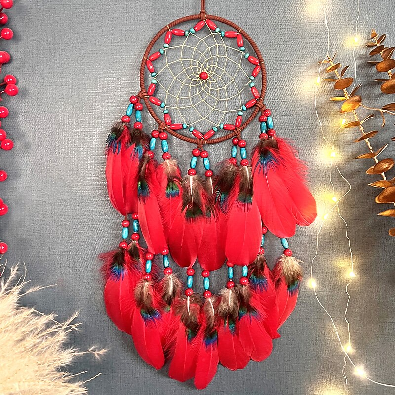 Peacock Blue Dream Catcher Handmade Gift Feather Hook Flower Wind Chime Ornament Wall Hanging Decor Art Tibetan Style, 63x15cm/24.8''x5.9''