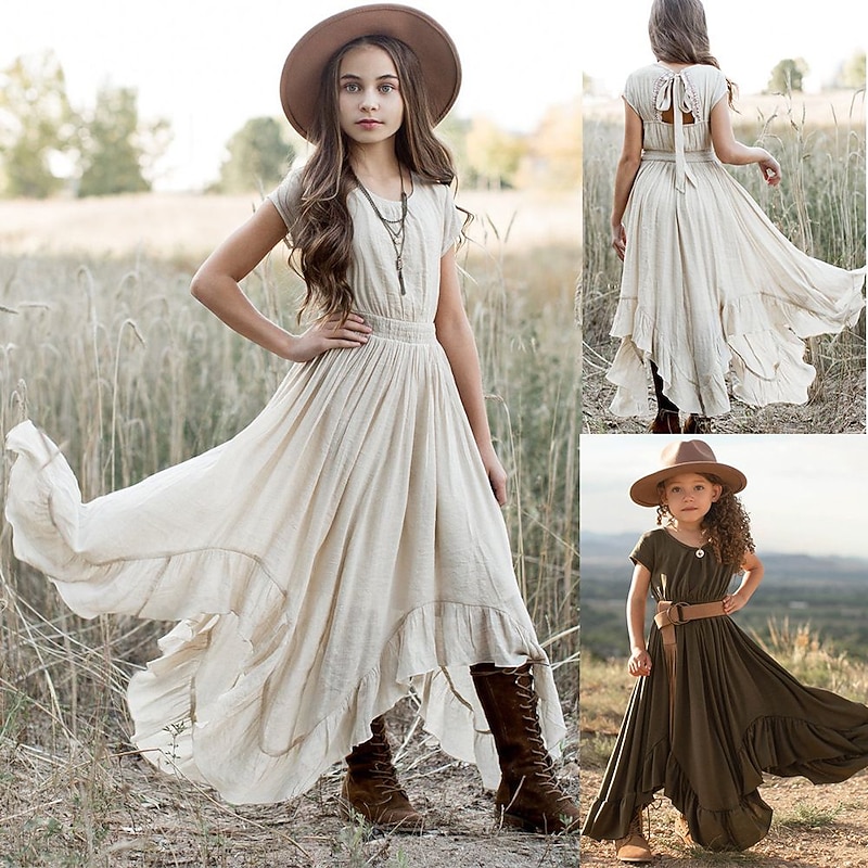 Kids Girls' Party Dress Solid Color Sleeveless Wedding Pegeant Princess Sweet Cotton Maxi Party Dress Summer Dress Flower Girl's Dress Summer Spring 5-12 Years White Pink Orange