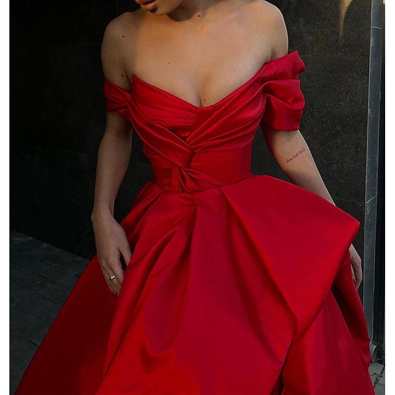 A-Line Evening Gown Party Dress Masquerade Prom Sweep / Brush Train Sleeveless Off Shoulder Satin with Slit4