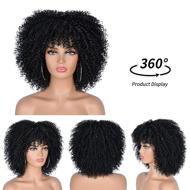 10Inch Short Curly Afro Wigs for Black Women Bomb Afro Kinky Curly Wig with Bangs Synthetic Fiber Full Wig4