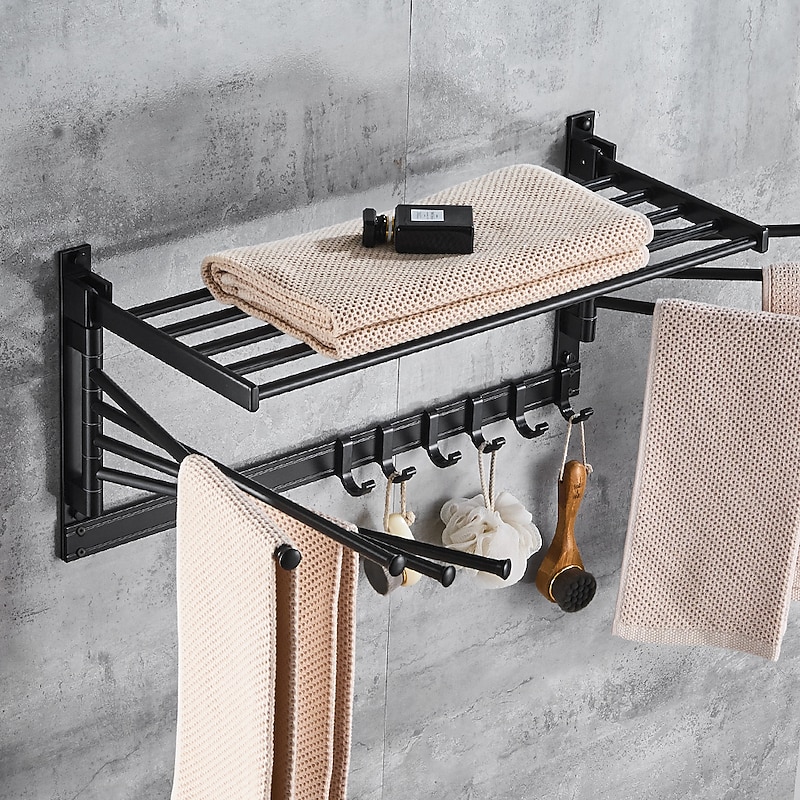 Stainless Steel Towel Rack,Bathroom Towel Rack with Shelf,Foldable Towel Shelf with Movable Hooks Rustproof Towel Storage Wall Mount for Bathroom Lavatory Matte Black3