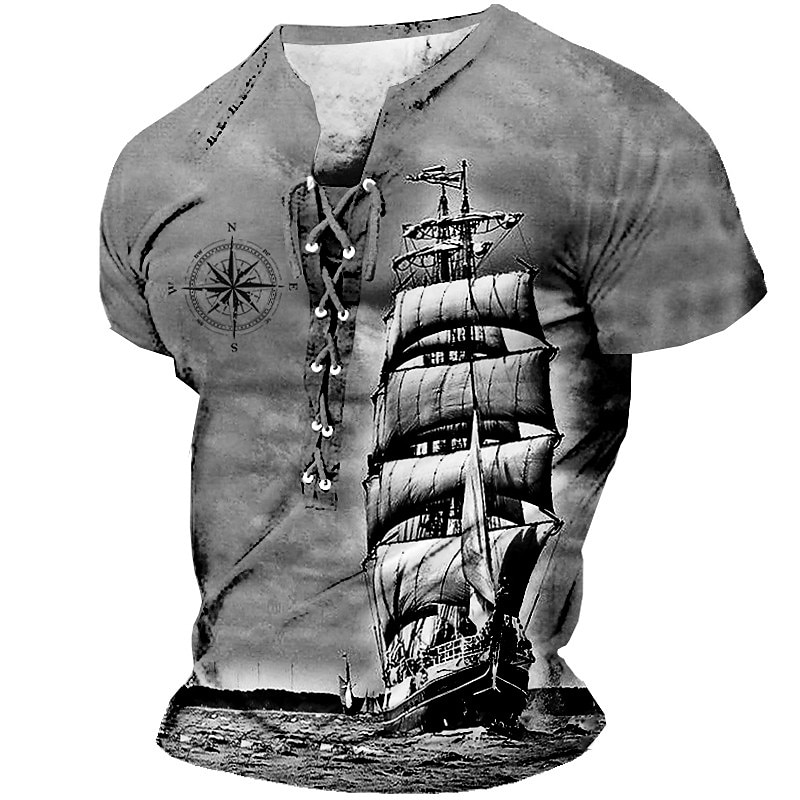 Sailboat And Compass Mens Graphic Shirt Lace Up 3D For Sailing Brown Summer Cotton Tee Ship Stand Collar Clothing Apparel Print Daily Sports Short Sleeve Black White Casual Grey4
